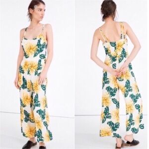 Zara Basic Floral Tropical Leaf Jumpsuit Wide Leg Romper Size S Pockets Summer
